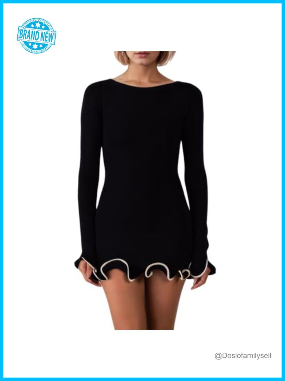 Elegant Ruffle Hem Knit Mini Dress Long Sleeve Bodycon Sweater Dress